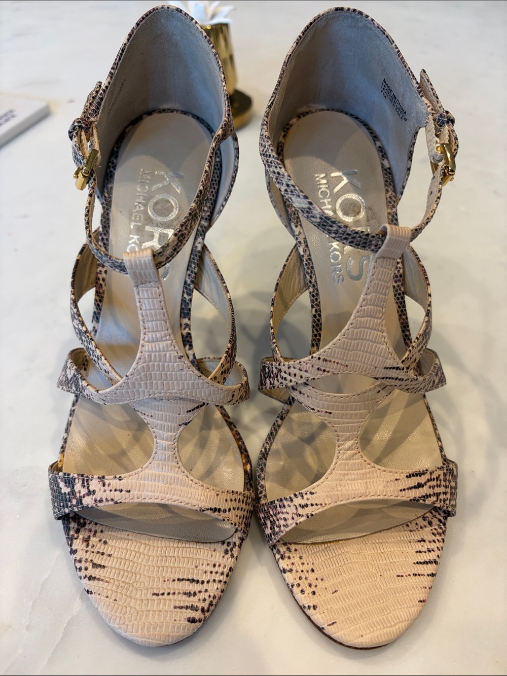 Michael Kors Leather Neutral Snake-Print Strappy Heels